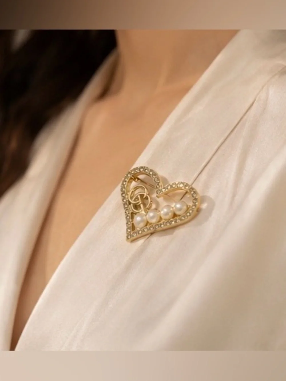 Gold Tone Heart Pearl Crystal Statement Brooch Pin